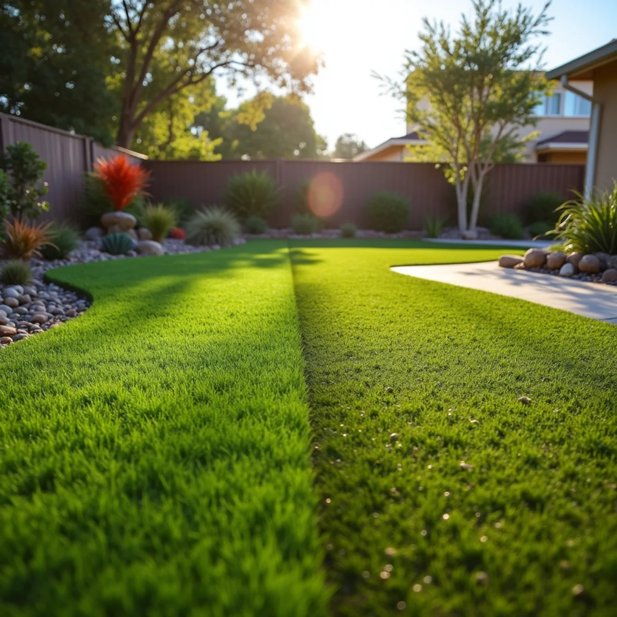 Side-by-side of artificial turf and natural grass lawns in San Diego