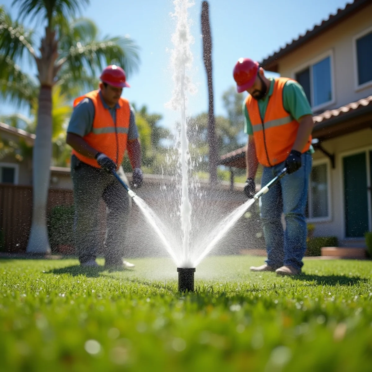 A geysering broken sprinkler line flooding a San Diego lawn