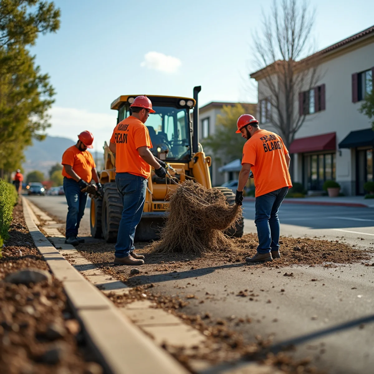 Crew clearing storm debris from a San Diego retail center parking lot
