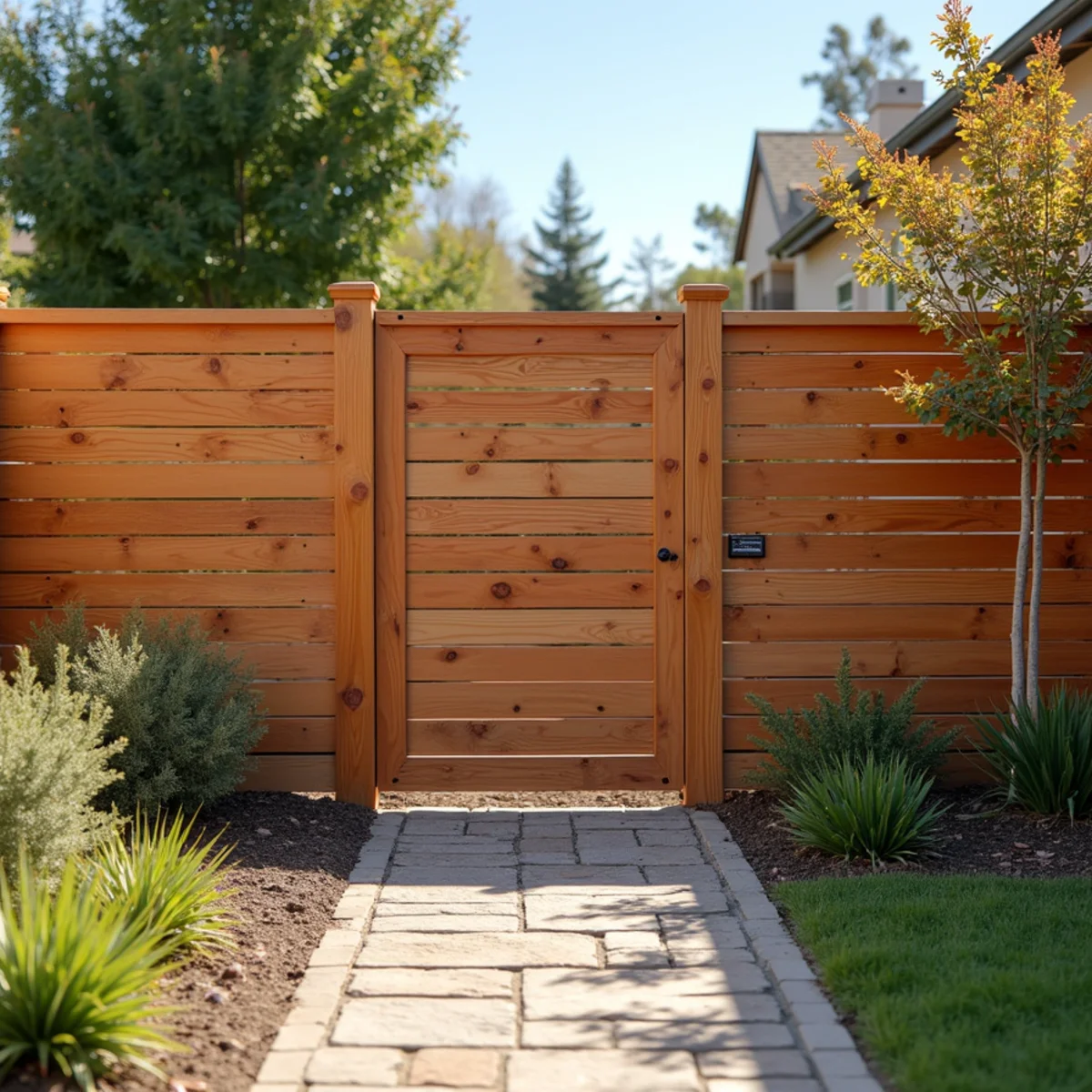 A horizontal cedar fence next to a traditional vertical wood fence in San Diego