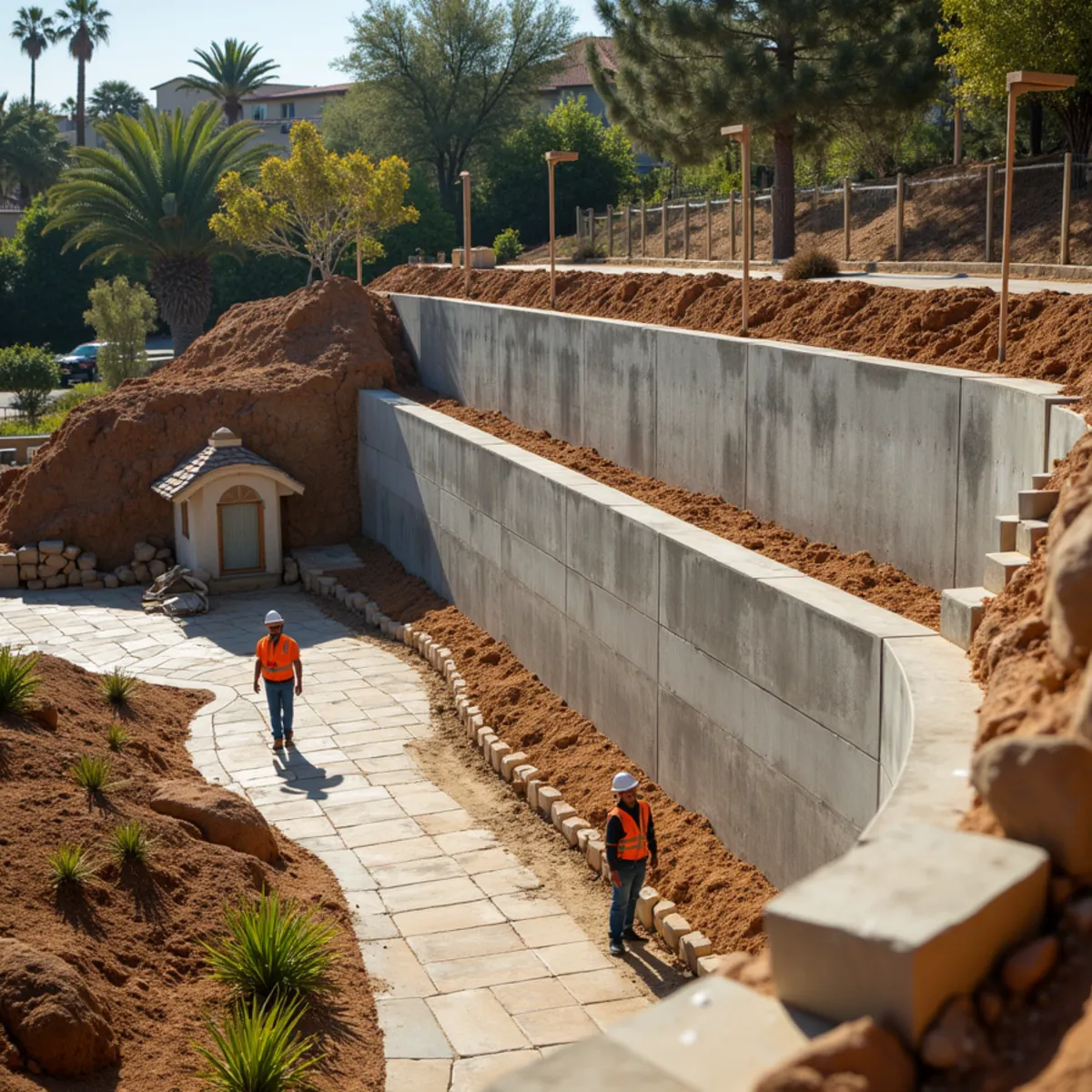 An engineered canyon retaining wall under construction in San Diego