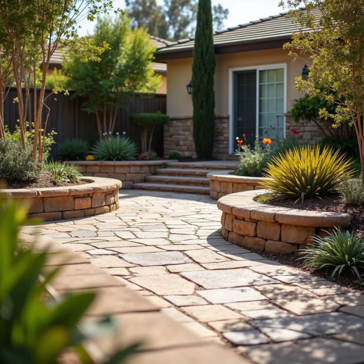A finished paver patio and retaining wall at a San Diego home