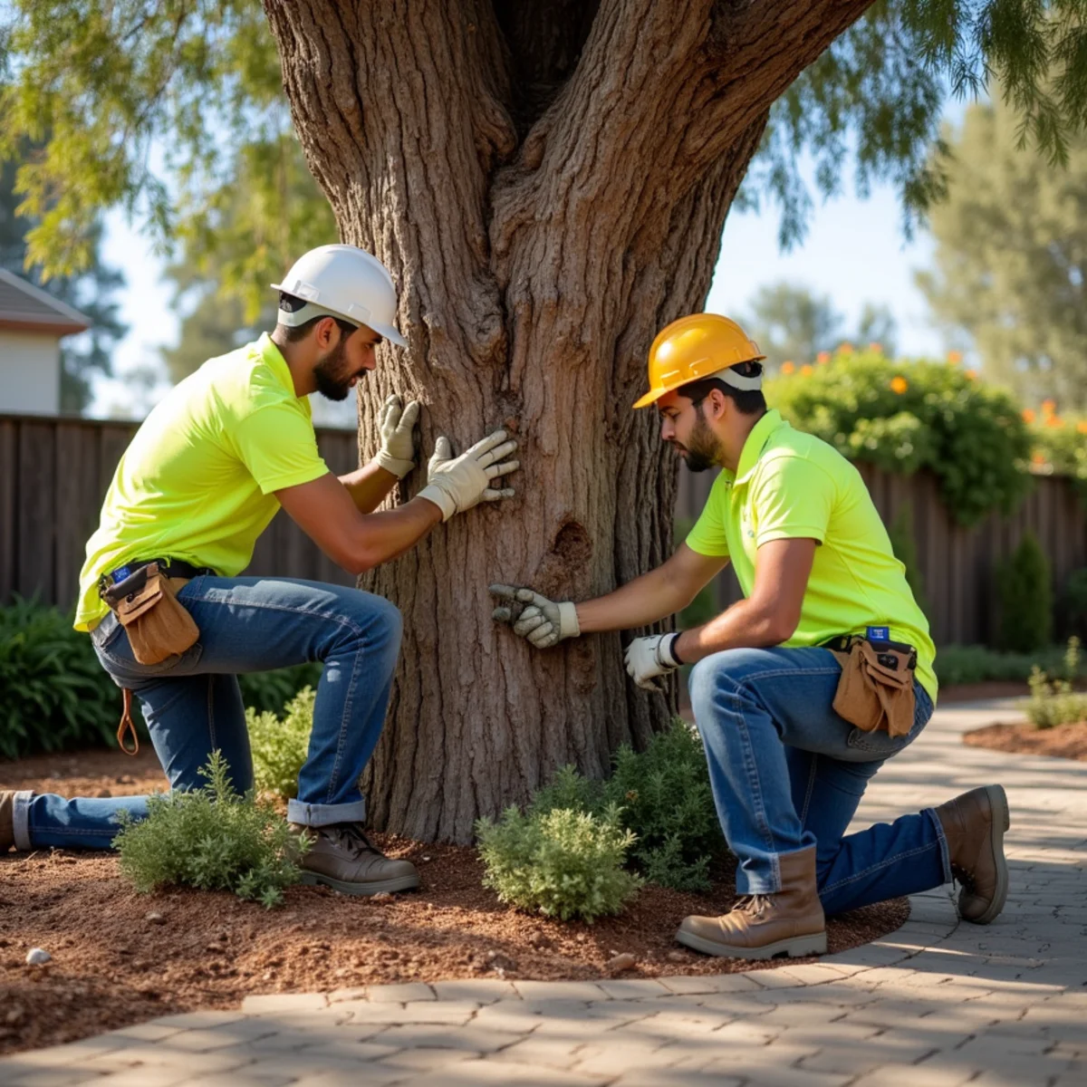 Inspecting a mature eucalyptus trunk for rot and weakness in San Diego