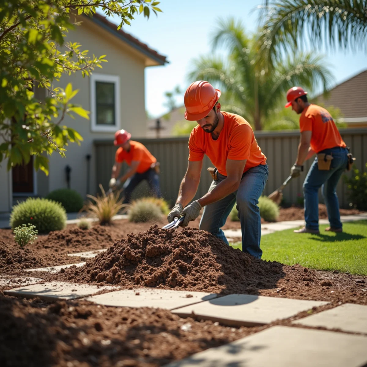 A San Diego yard being refreshed for spring with mulch and pruning