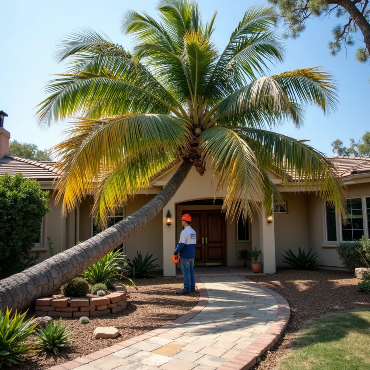A palm tree toppled by Santa Ana winds across a San Diego yard