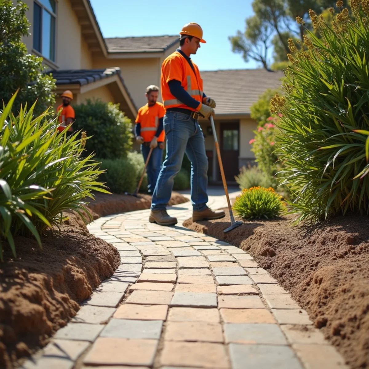A sunken, uneven paver driveway in San Diego caused by a failed base