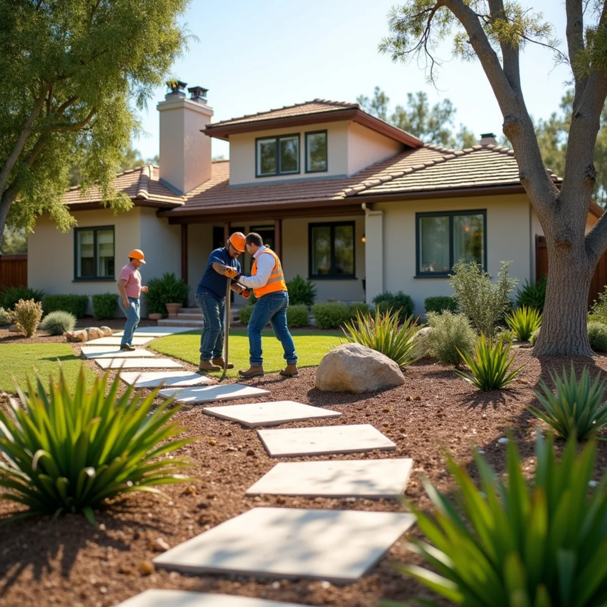 A San Diego County home with defensible-space landscaping zones cleared around it