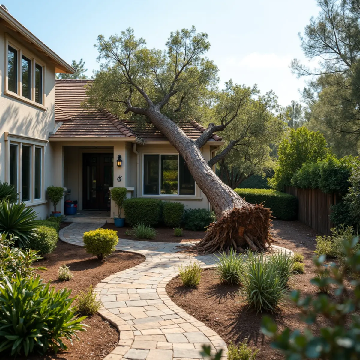 A storm-fallen tree resting on a San Diego roof awaiting an insurance claim