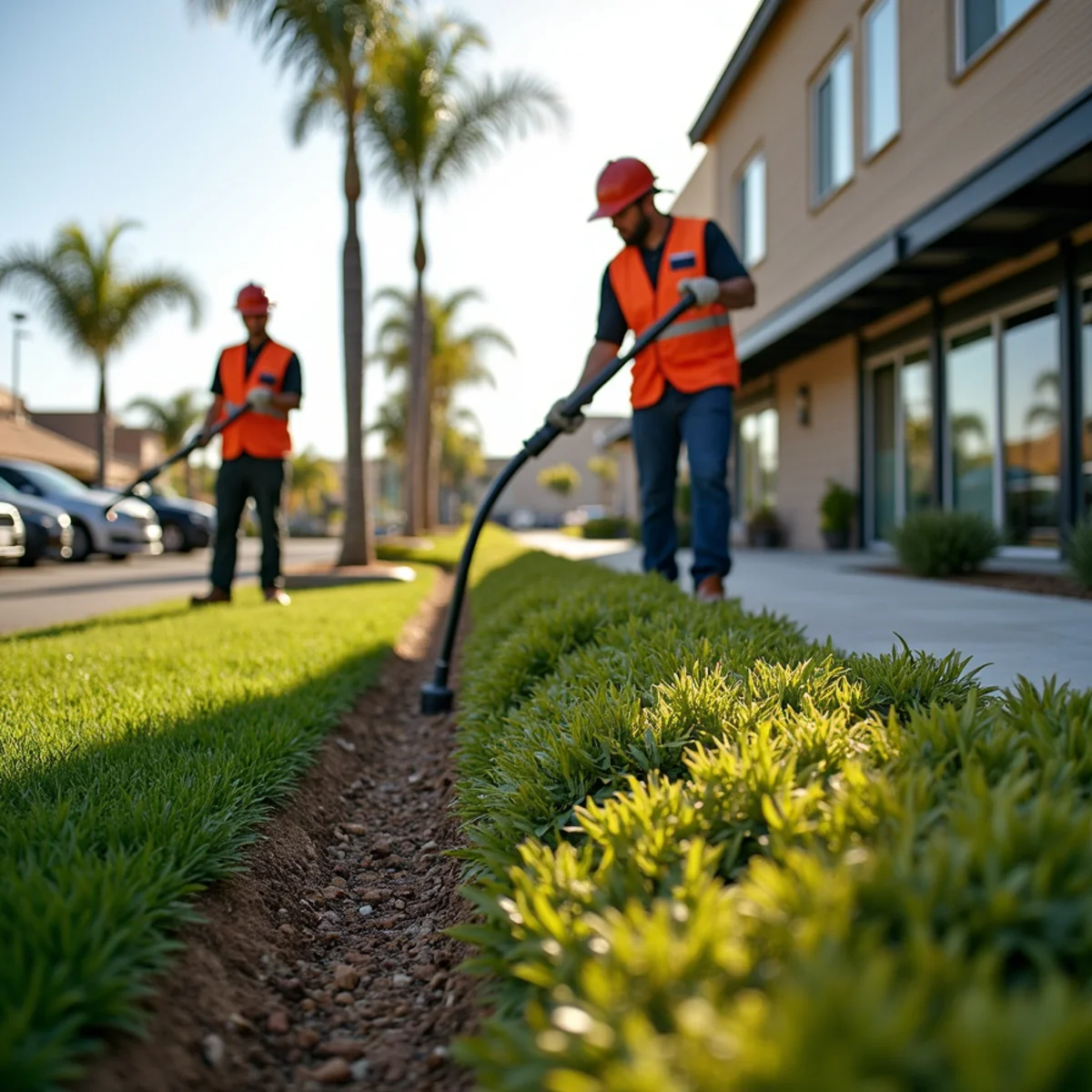 Maintained commercial property landscaping at a San Diego business park by SOCAL EXTERIOR SERVICES, INC