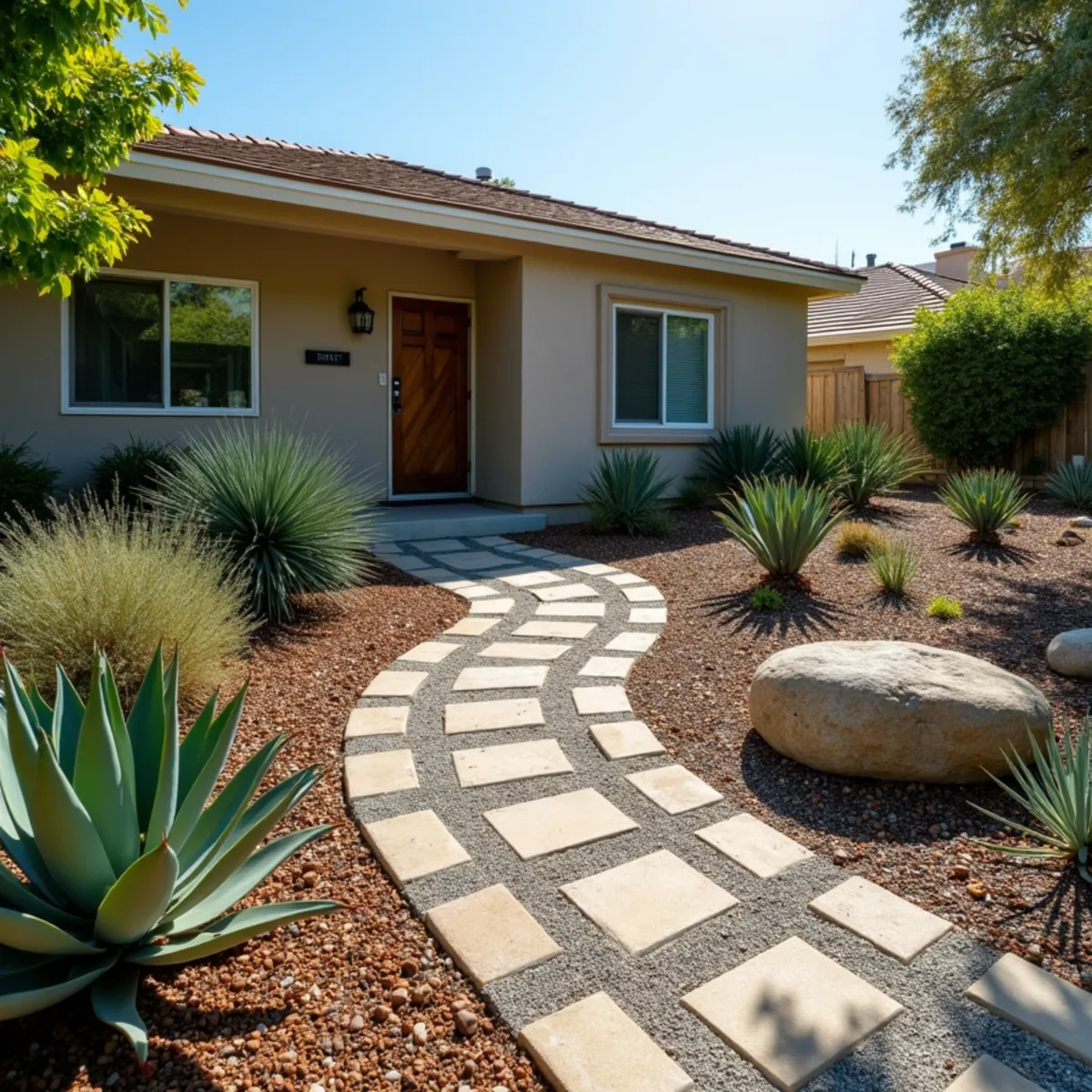Drought-tolerant xeriscape front yard with succulents and decomposed granite in San Diego by SOCAL EXTERIOR SERVICES, INC