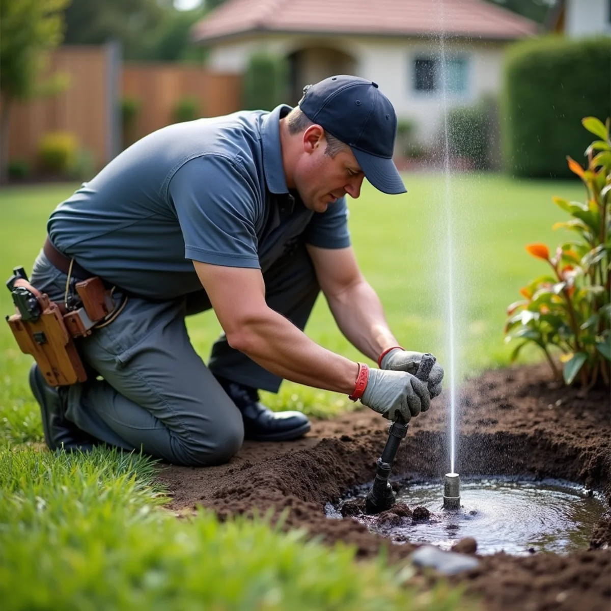 Technician repairing a broken irrigation valve and leaking sprinkler line in San Diego by SOCAL EXTERIOR SERVICES, INC