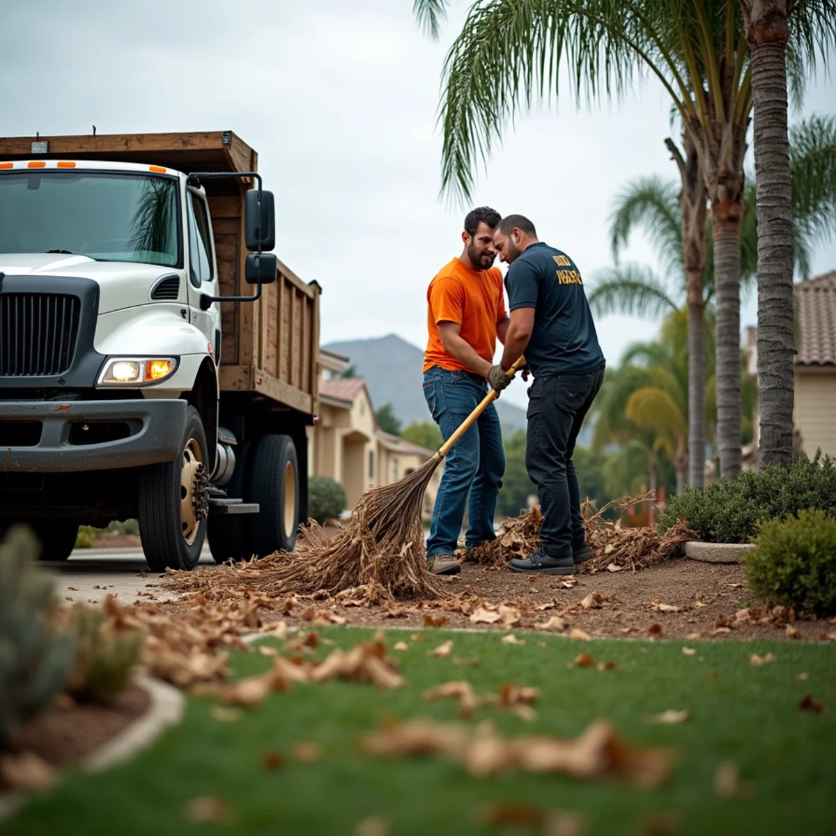 Crew clearing windstorm debris and fallen palm fronds from a San Diego property by SOCAL EXTERIOR SERVICES, INC