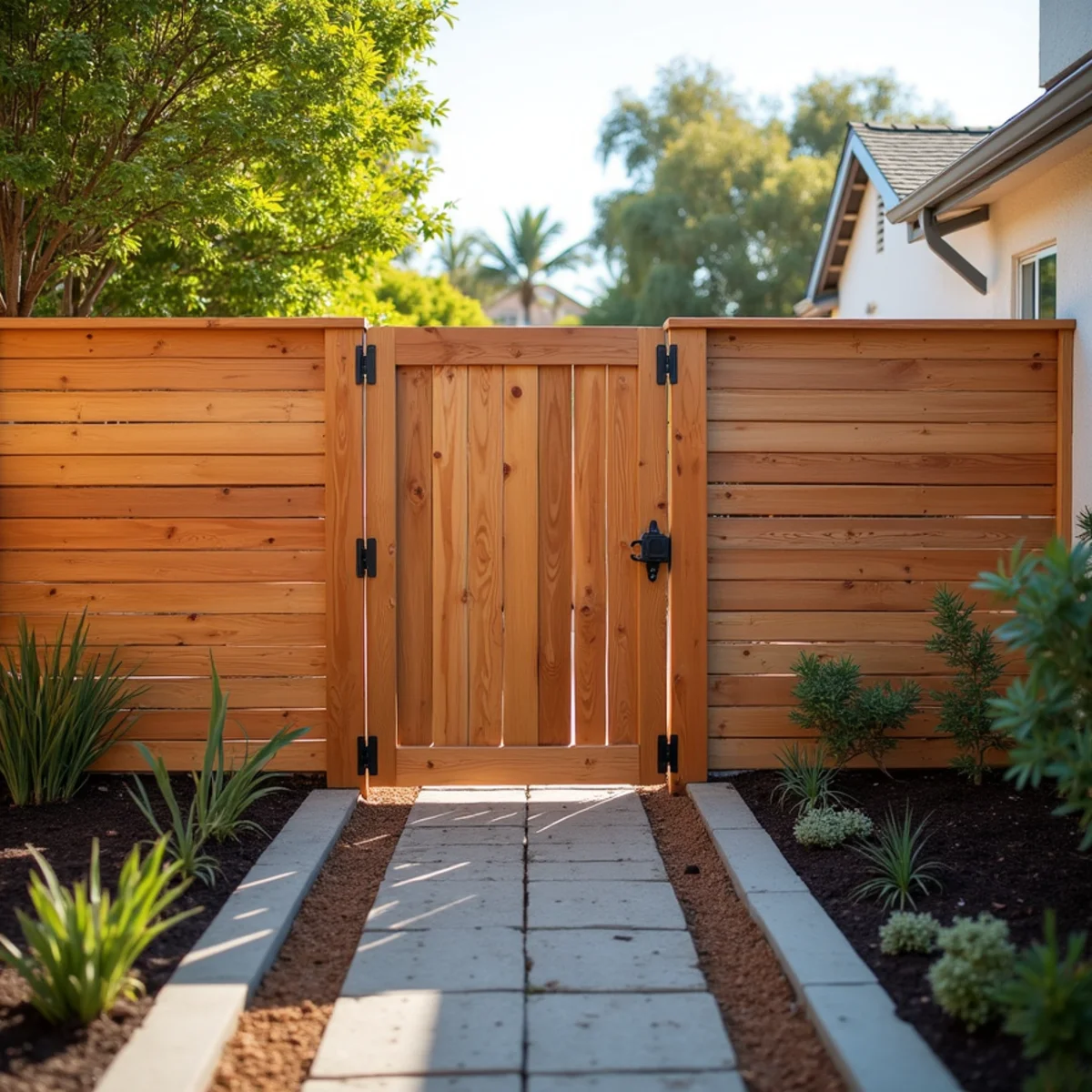 Horizontal cedar privacy fence installation in a San Diego backyard by SOCAL EXTERIOR SERVICES, INC