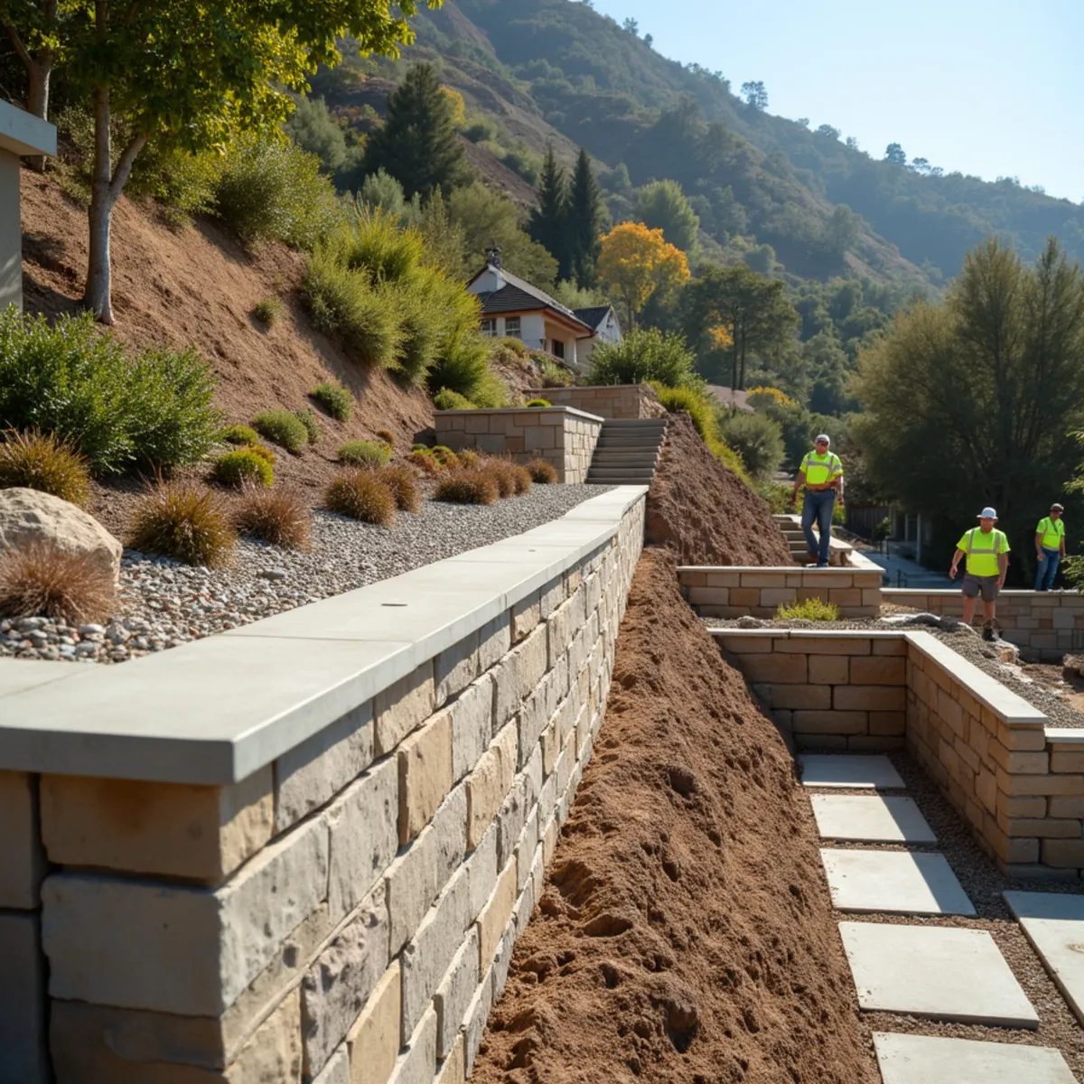 Engineered block retaining wall on a San Diego canyon slope by SOCAL EXTERIOR SERVICES, INC