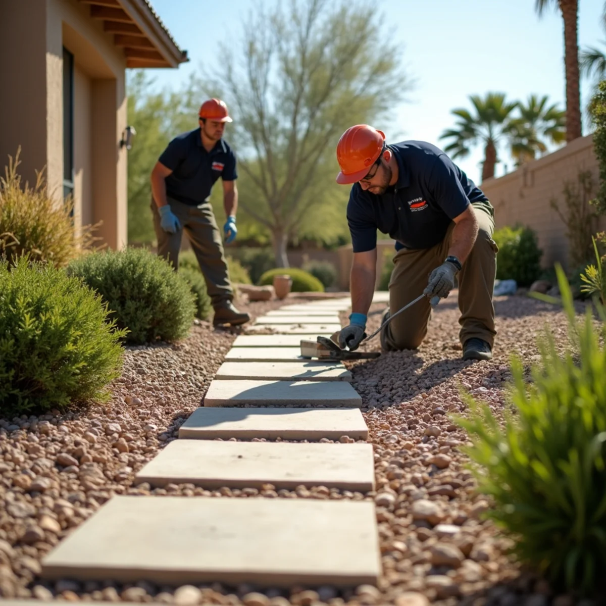 Landscaping and hardscaping on a Cathedral City, CA property by SOCAL EXTERIOR SERVICES, INC