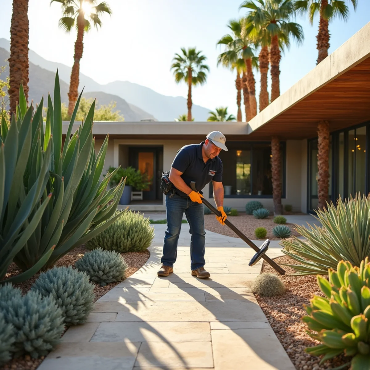 Landscaping and hardscaping on a Palm Springs, CA property by SOCAL EXTERIOR SERVICES, INC